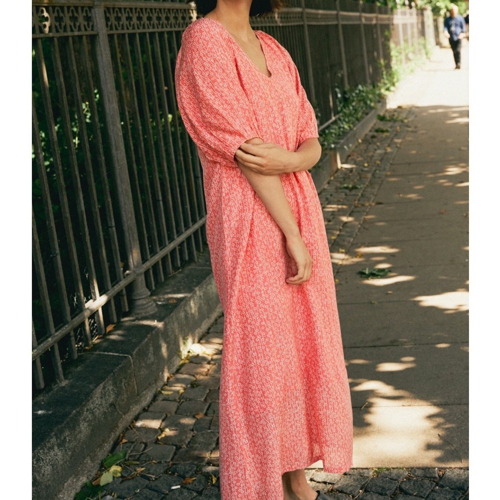 Part Two Sade Dress Coral Cream Floral Puff‎ Sleeve V-Neck Tent Midi 36